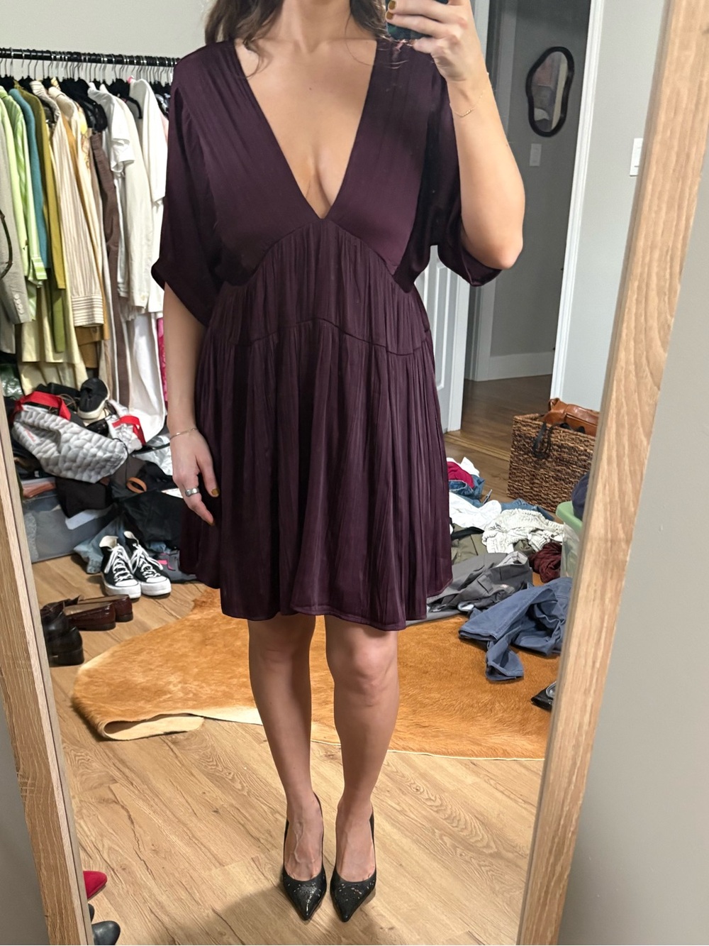 Free People Deep Plum Short Empire Waist Mini Dress